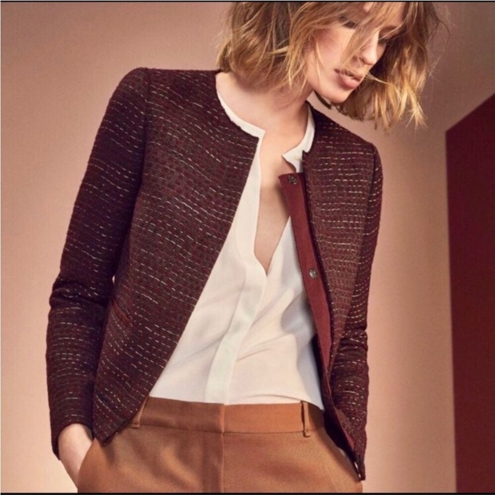 MASSIMO DUTTI BURGUNDY‎ WINE WOMEN’S TWEED CROPPED BLAZER JACKET